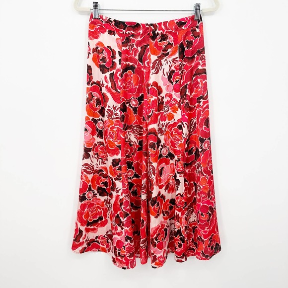 MNG Mango Floral Satin Slip Midi Skirt Red Pink Small - Picture 6 of 7
